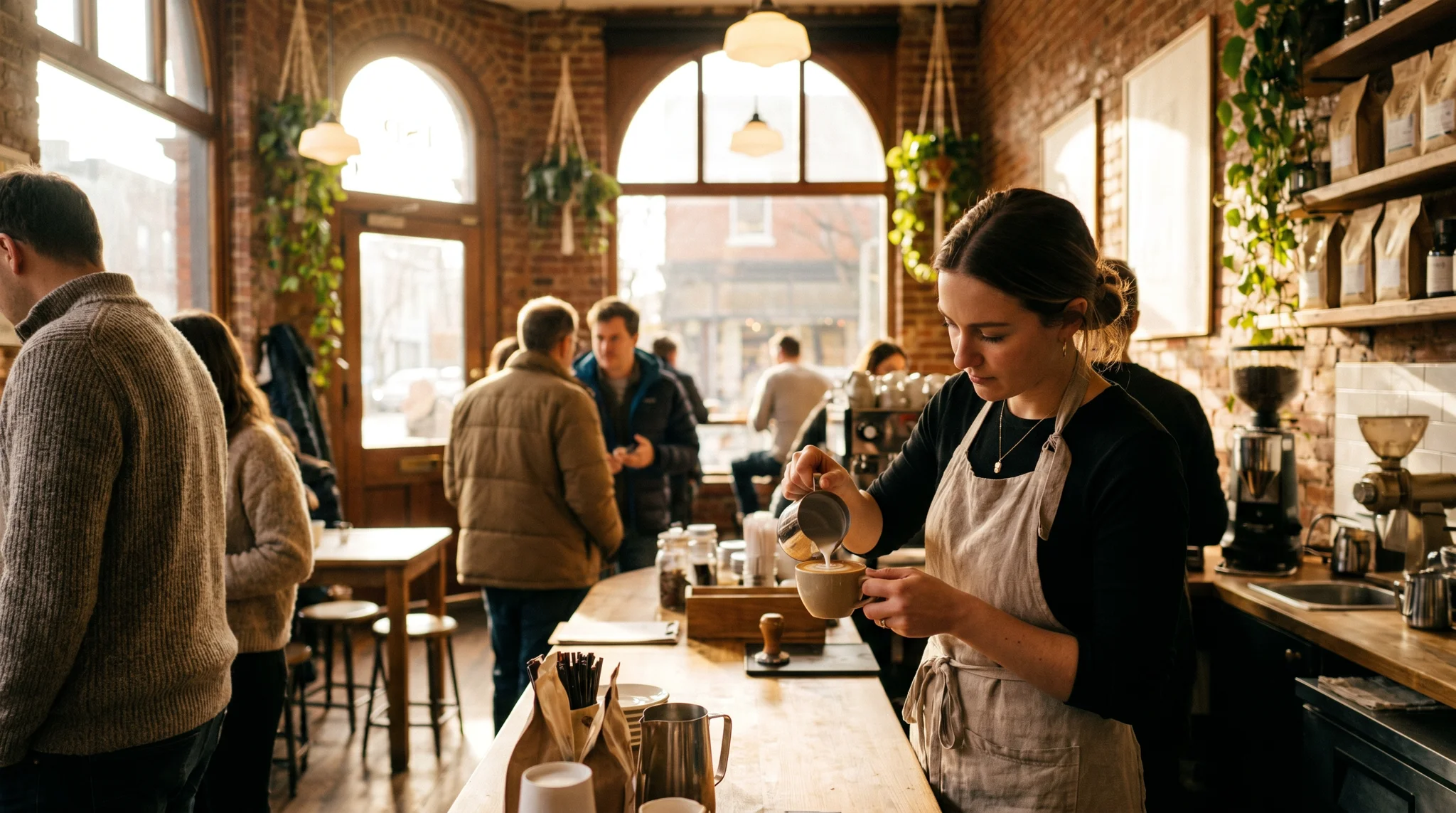 Warm morning light in a specialty coffee shop